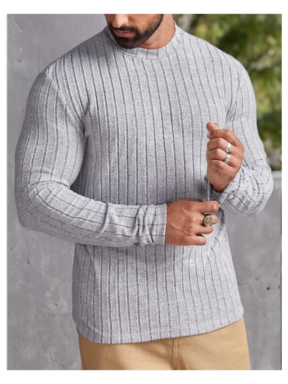 Size Large Men Mock Neck Ribbed Knit shirt gray